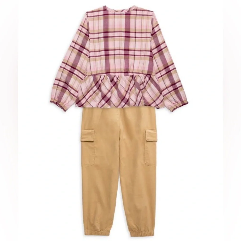NWT Tommy Hilfiger Girls 2 Piece Set Pink Plaid Top Corduroy Khaki Pants 2T